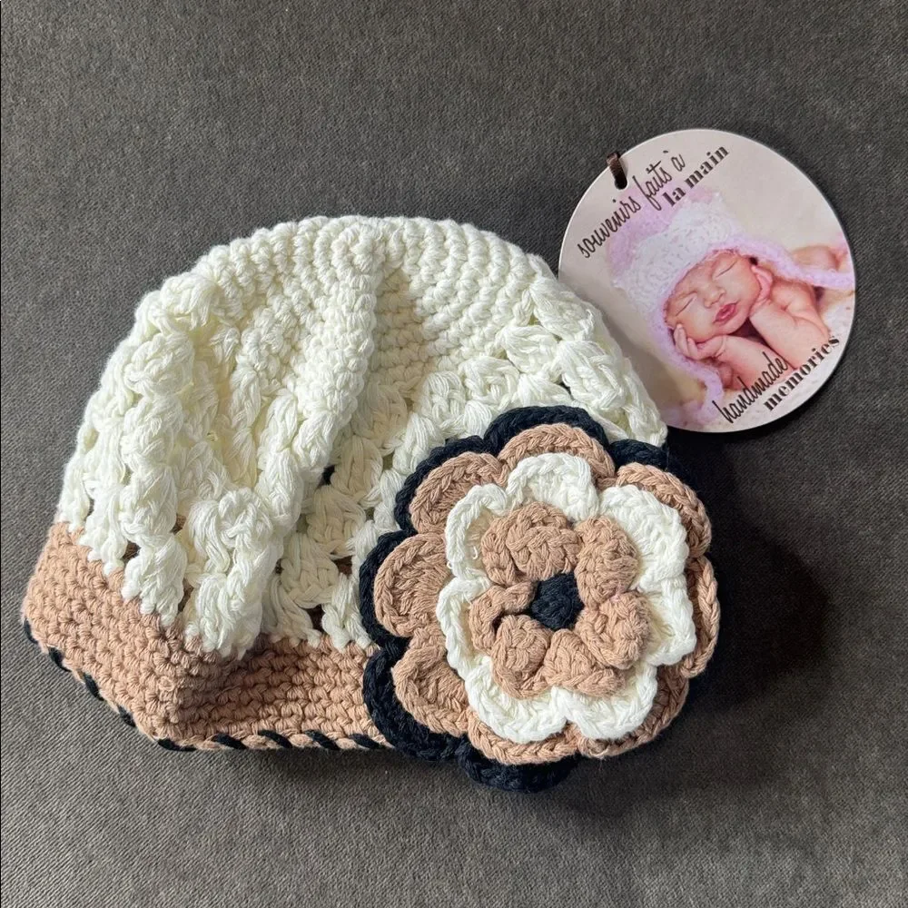 Daisy Baby Crocheted Skull Hat Beanie Black White Brown Flower 6-12 months NEW